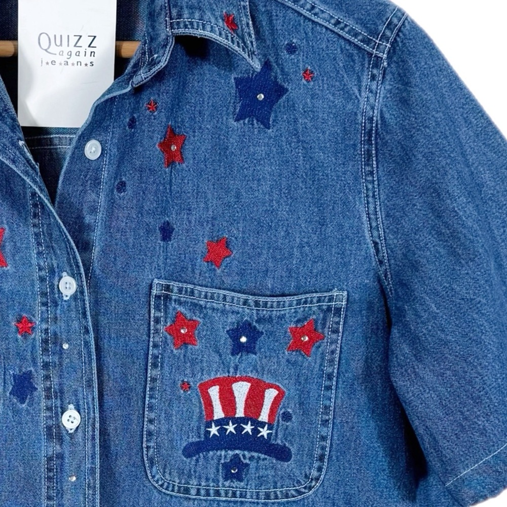 Vintage Women’s Quizz Again Patriotic Denim Shirt L Red White Blue Americana - Picture 6 of 9